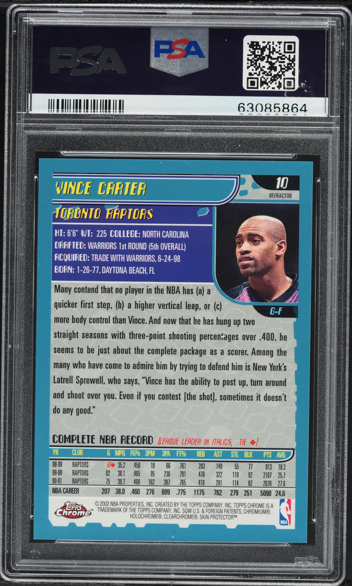 2001 Topps Chrome Refractor Vince Carter #10 PSA 10 GEM MINT