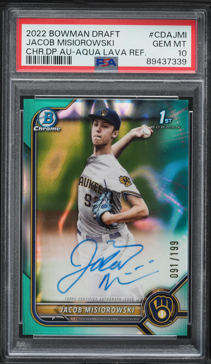 2022 Bowman Chrome Aqua Lava Ref Jacob Misiorowski PROSPECT AUTO /199 PSA 10 GEM