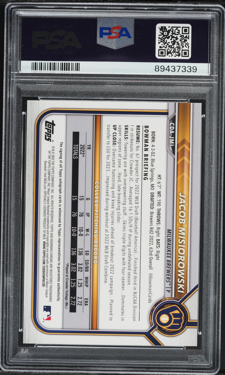 2022 Bowman Chrome Aqua Lava Ref Jacob Misiorowski PROSPECT AUTO /199 PSA 10 GEM