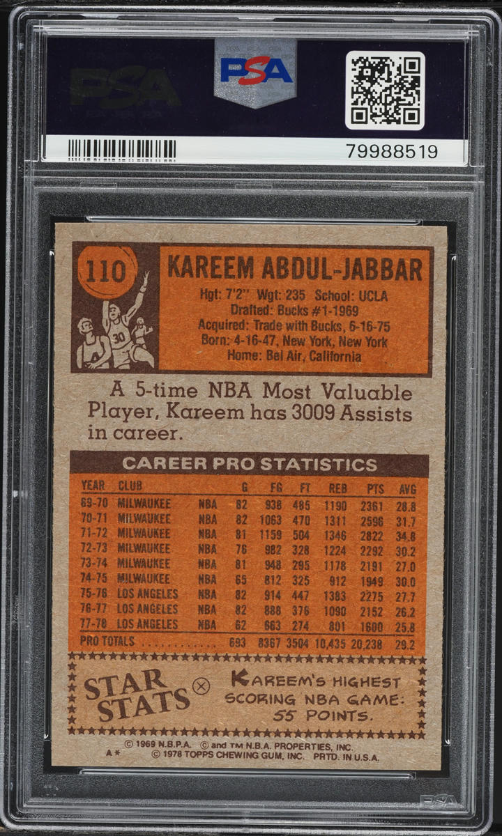 1978 Topps Basketball Kareem Abdul-Jabbar #110 PSA 8 NM-MT