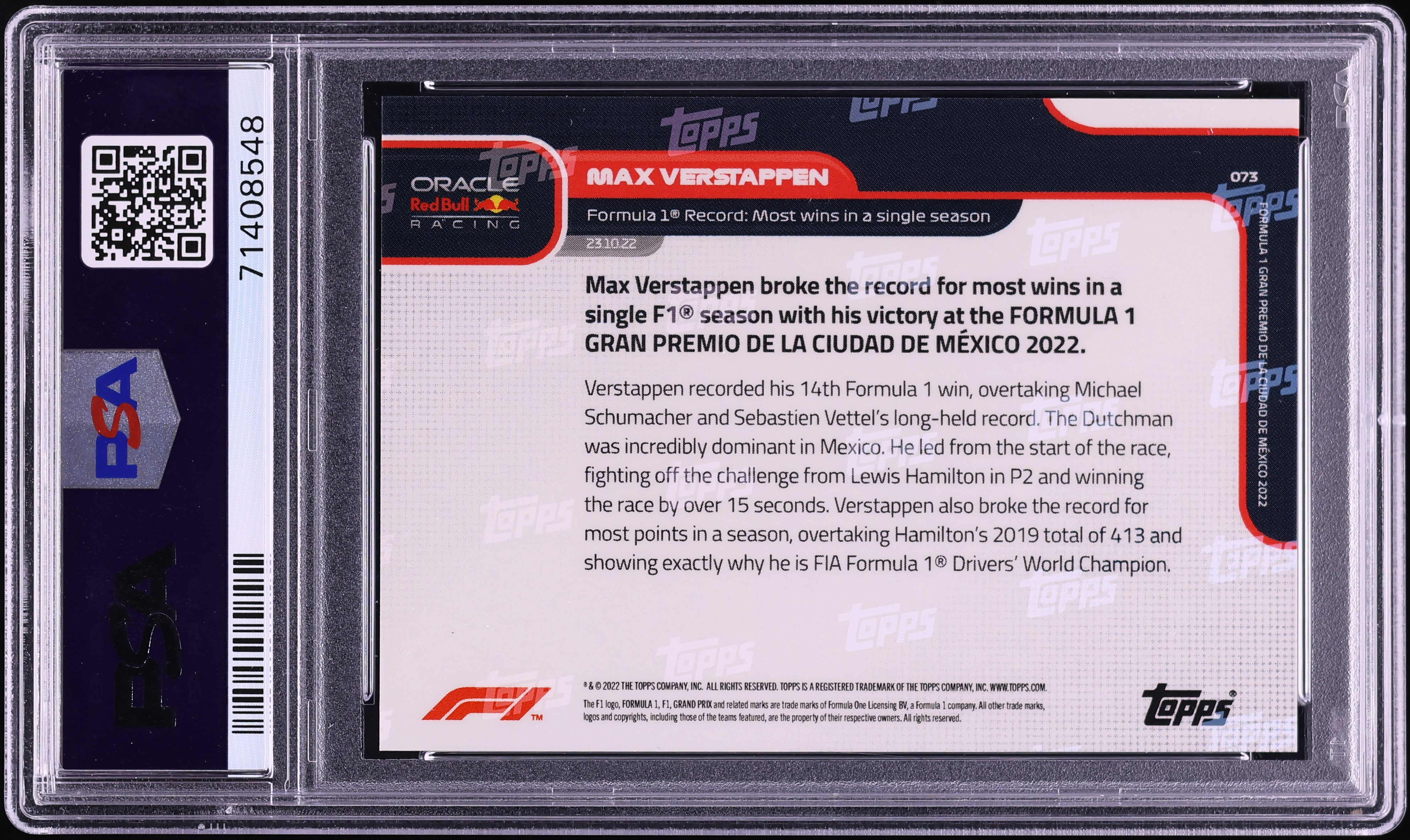 2022 Topps Now Formula 1 Max Verstappen #73 PSA 10 GEM MINT on