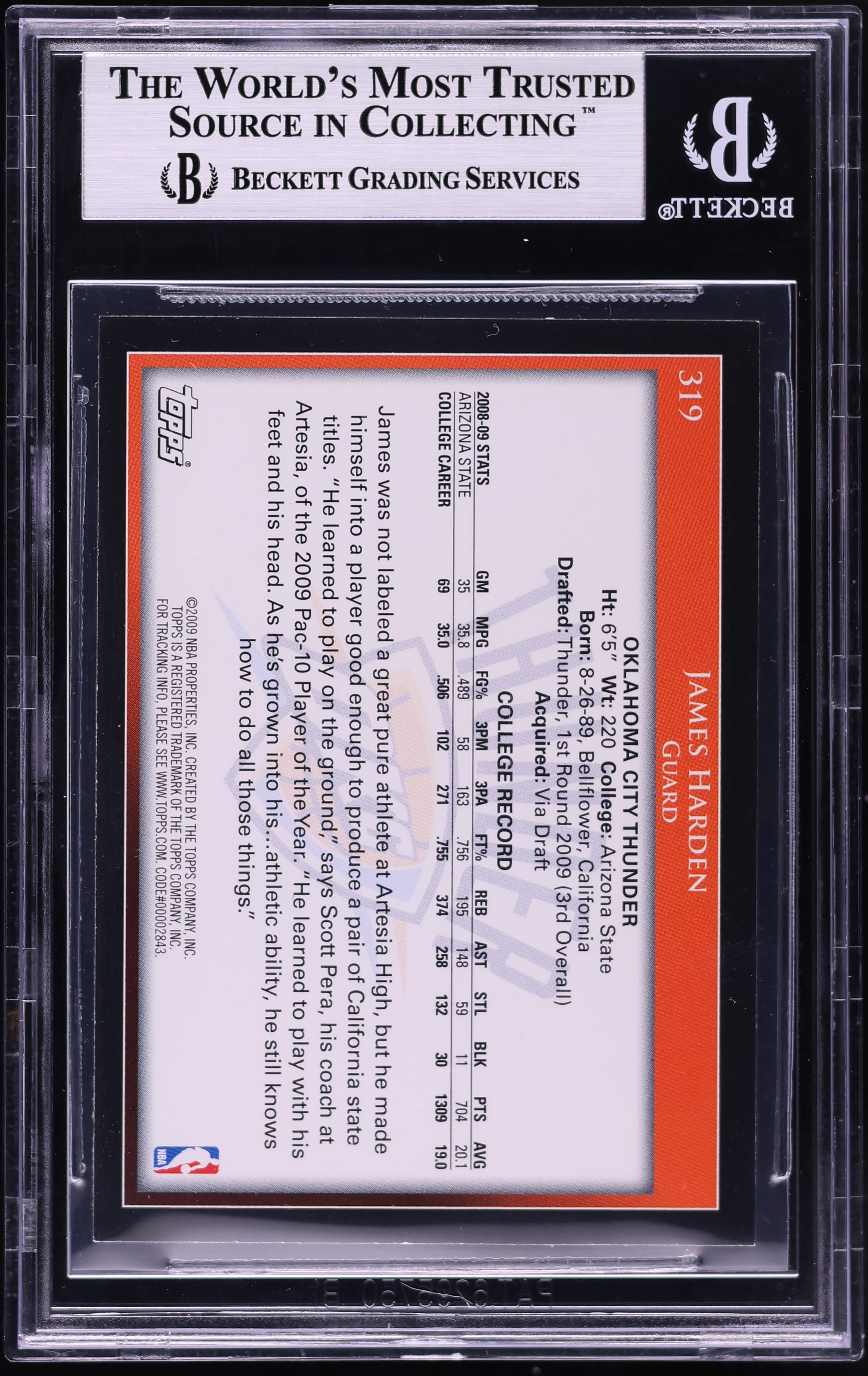 2009 Topps Basketball James Harden ROOKIE #319 BGS 8.5 NM-MT+ on