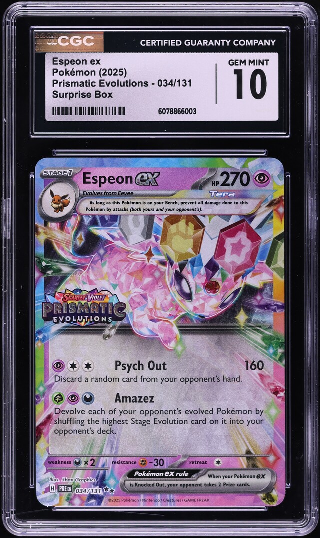 2025 Pokemon SV Prismatic Evolutions Surprise Box Holo Espeon ex #34 CGC 10 GEM MINT
