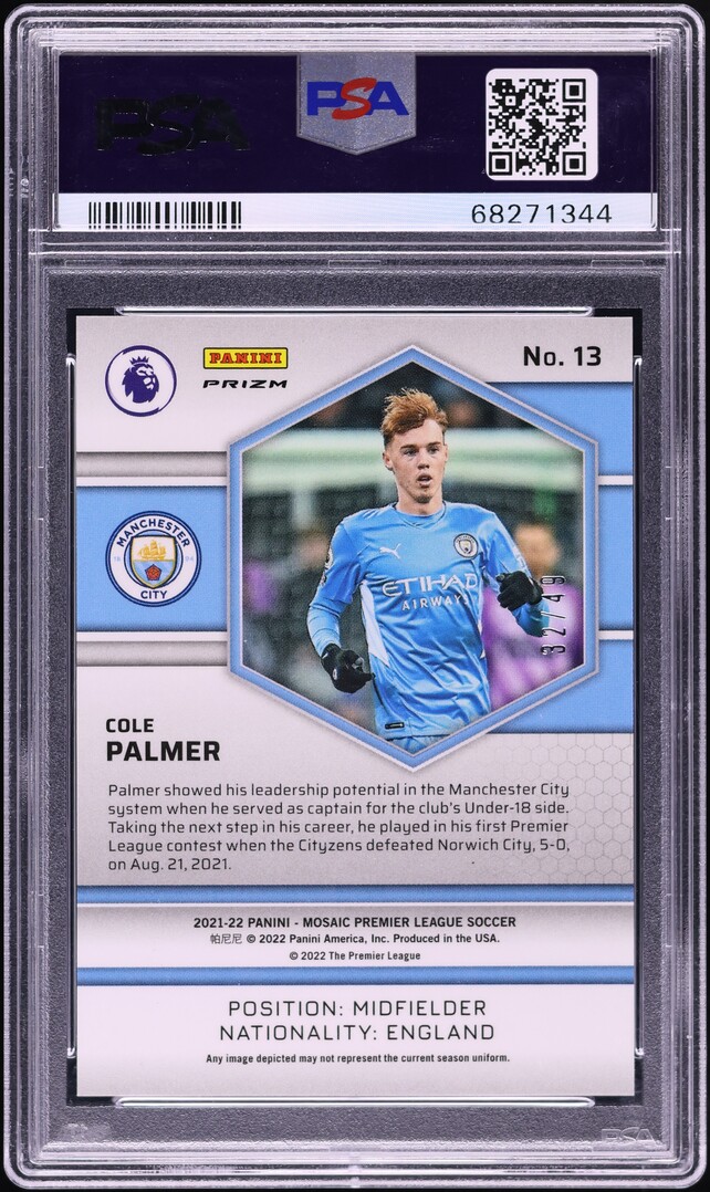 2021 Panini Mosaic Premier League Purple Cole Palmer ROOKIE /49 #13 PSA 10 GEM