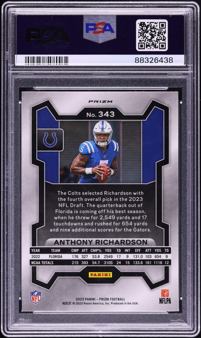 2023 Panini Prizm Neon Green Pulsar Anthony Richardson ROOKIE #343 PSA 9 MINT