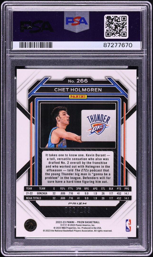 2022 Panini Prizm Blue Chet Holmgren ROOKIE /199 #266 PSA 10 GEM