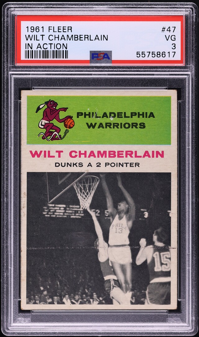 1961 Fleer Basketball Wilt Chamberlain ROOKIE, IN ACTION #47 PSA 3 VG