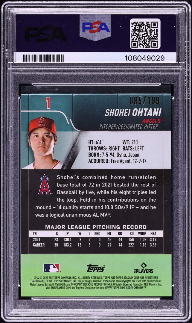 2022 Stadium Club Chrome Blue Refractor Shohei Ohtani /199 #1 PSA 10 GEM MINT
