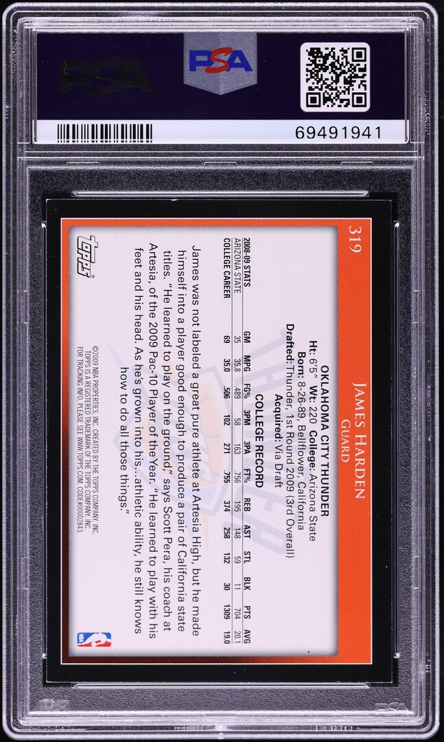 2009 Topps Basketball James Harden ROOKIE #319 PSA 8 NM-MT