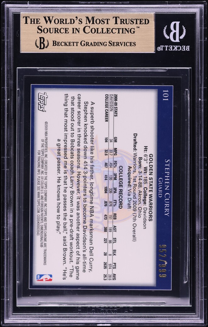 2009 Topps Chrome Stephen Curry ROOKIE /999 #101 BGS 9.5 GEM MINT