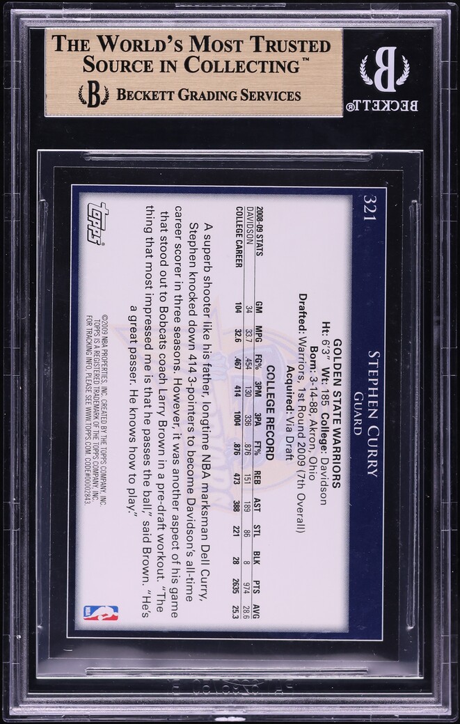 2009 Topps Basketball Stephen Curry ROOKIE #321 BGS 9.5 GEM MINT