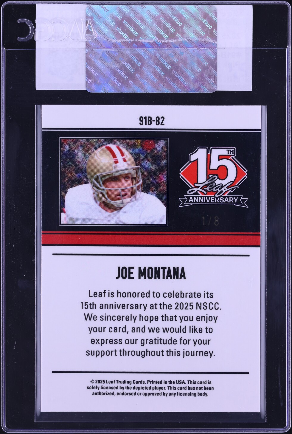 2025 Leaf 15th Anniversary Pink Lava Joe Montana 1/8 #91B-82 CGC AUTH