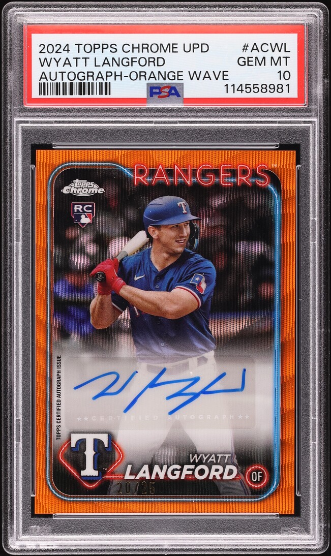 2024 Topps Chrome Update Orange Wave Wyatt Langford ROOKIE AUTO /25 PSA 10 GEM