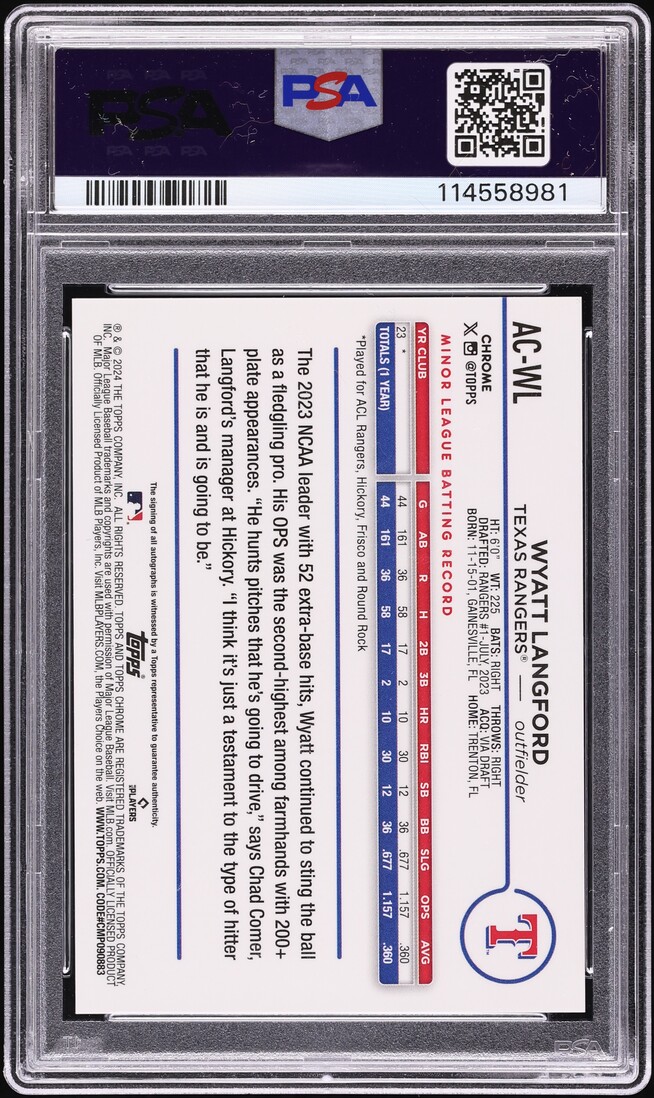 2024 Topps Chrome Update Orange Wave Wyatt Langford ROOKIE AUTO /25 PSA 10 GEM