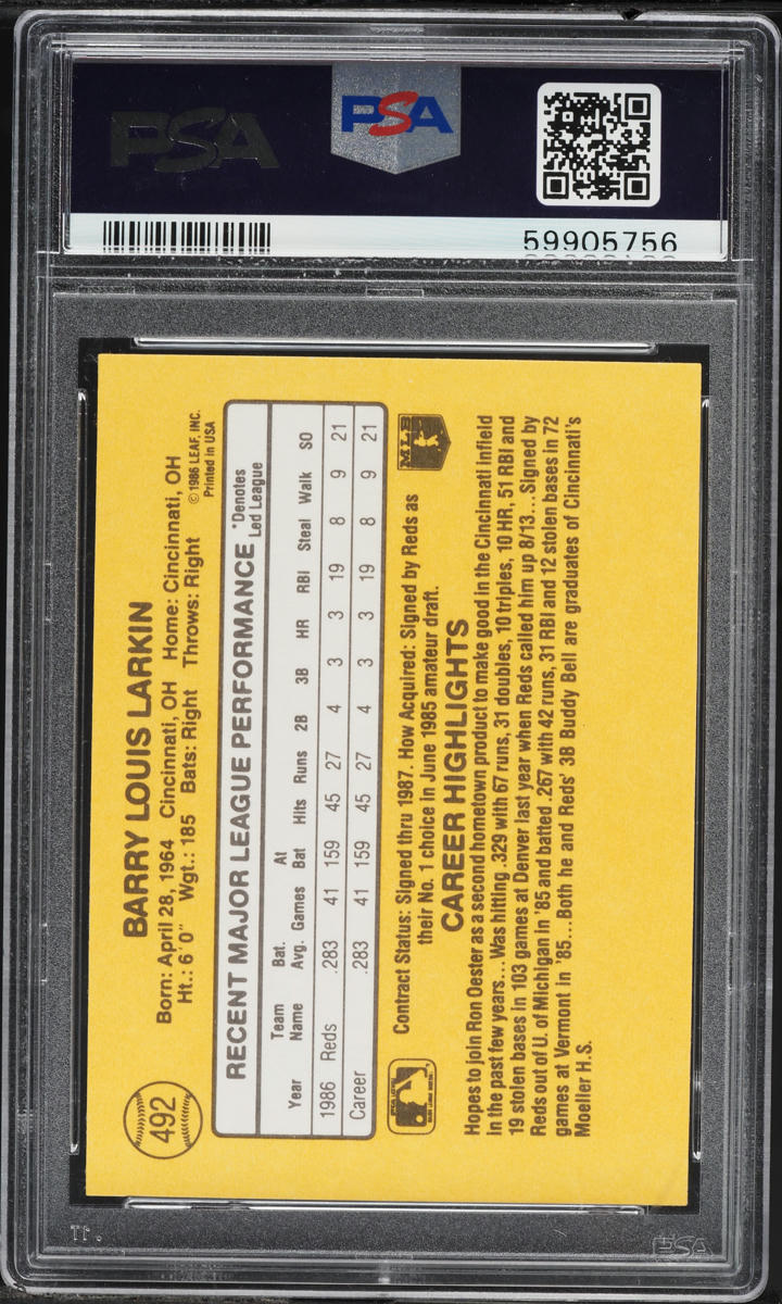 1987 Donruss Barry Larkin ROOKIE #492 PSA 10 GEM MINT