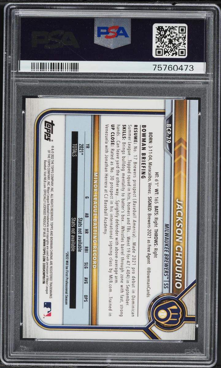 2022 Bowman Chrome Lava Refractor Jackson Chourio PROSPECT /399 #BCP-79 PSA 9