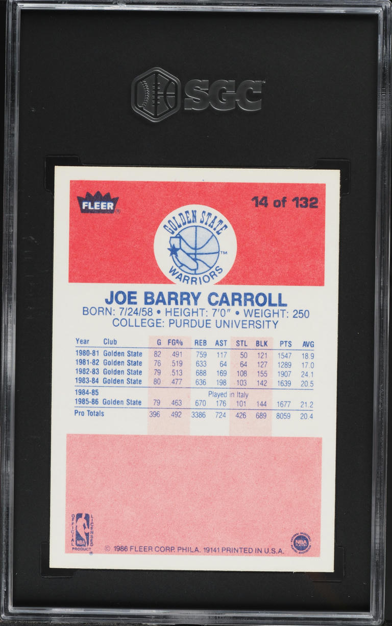 1986 Fleer Basketball Joe Barry Carroll #14 SGC 8.5 NM-MT+