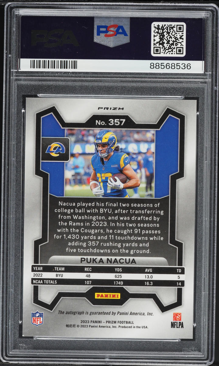 2023 Panini Prizm Silver Puka Nacua ROOKIE AUTO #357 PSA 9 MINT on