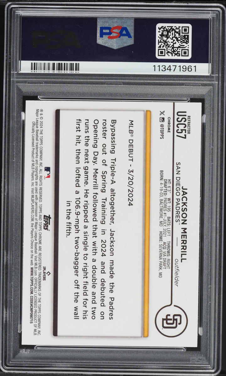 2024 Topps Chrome Update Refractor Jackson Merrill ROOKIE #USC57 PSA 10 GEM MINT