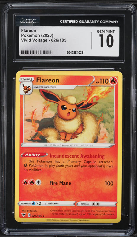 2020 Pokemon Sword & Shield Vivid Voltage Flareon #26 CGC 10 GEM MINT