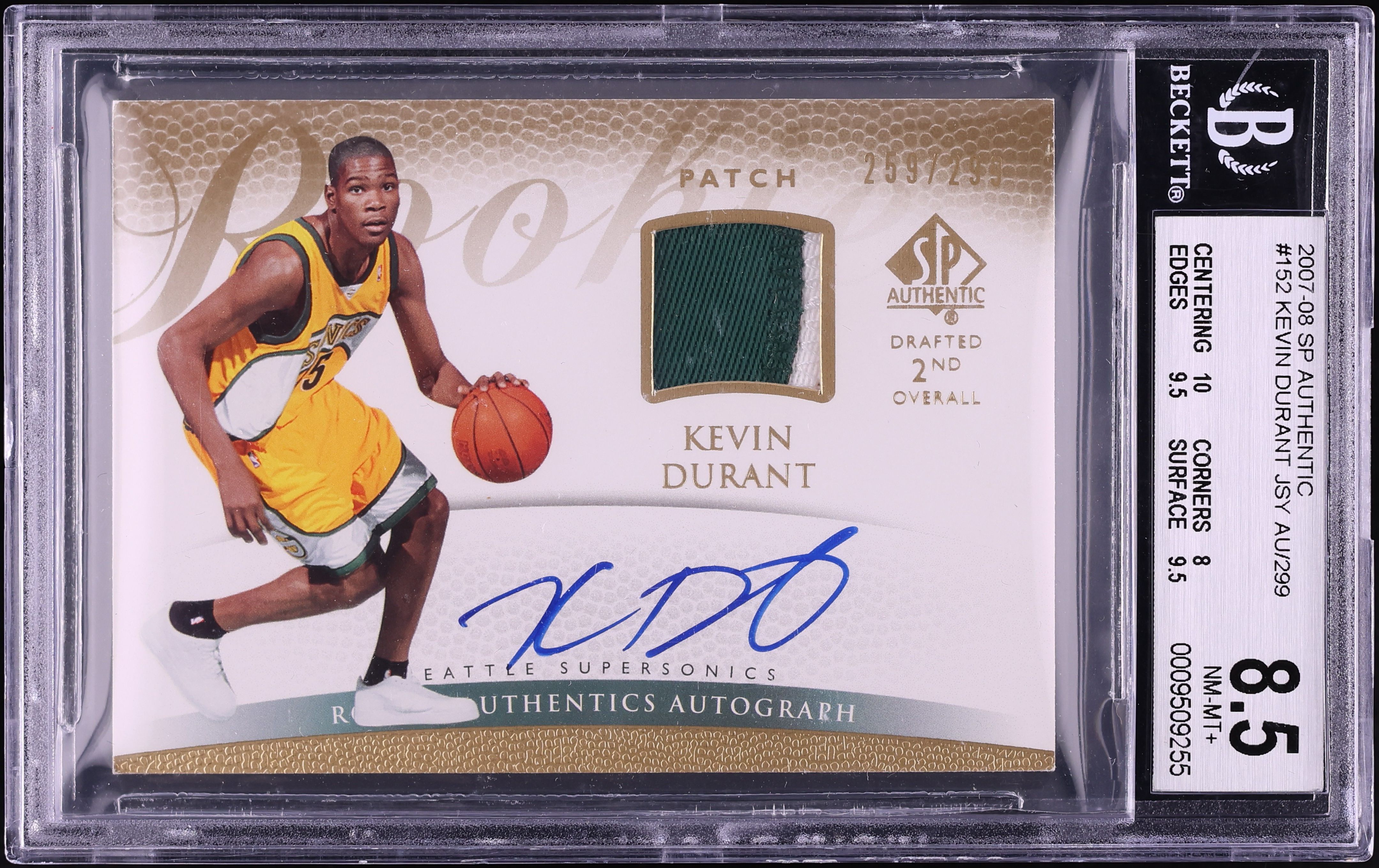 2007 SP Authentic Kevin Durant ROOKIE PATCH AUTO /299 #152 BGS 8.5 