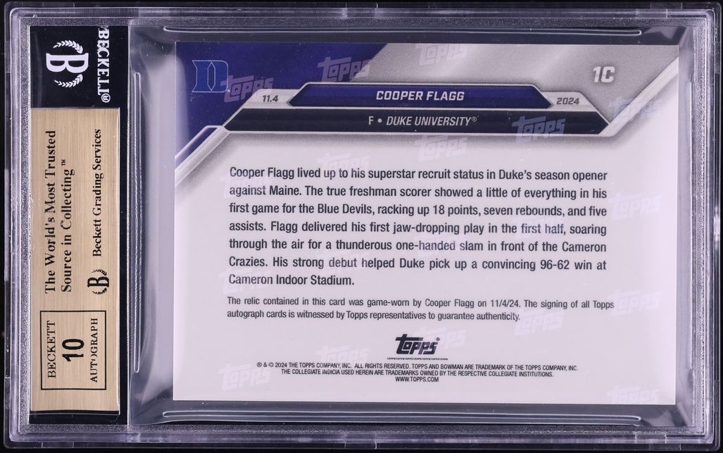 2024 Bowman U Now Orange Cooper Flagg ROOKIE RELIC AUTO /5 #1C BGS 10 PRISTINE