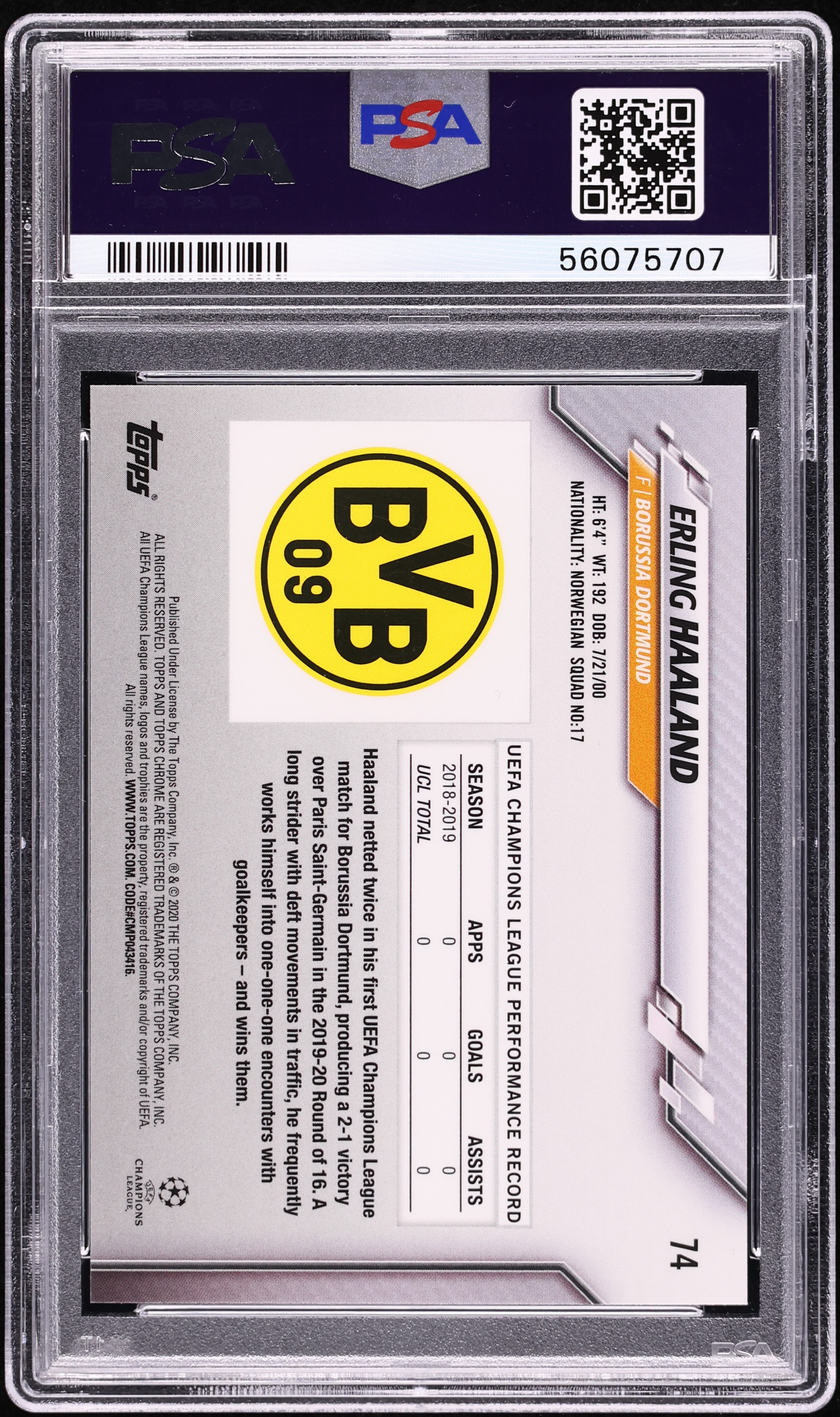 2019 Topps Chrome UEFA Sapphire Erling Haaland ROOKIE #74 PSA 9