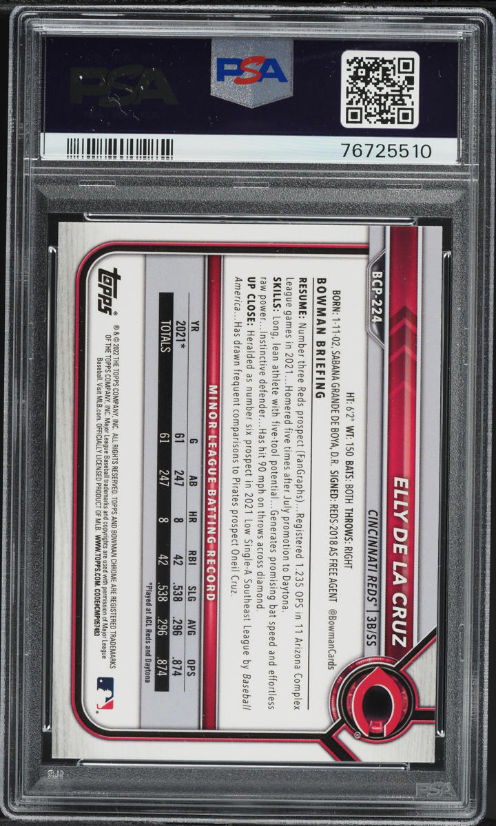 2022 Bowman Chrome Sapphire Elly De La Cruz PROSPECT #BCP-224 PSA 10 GEM MINT