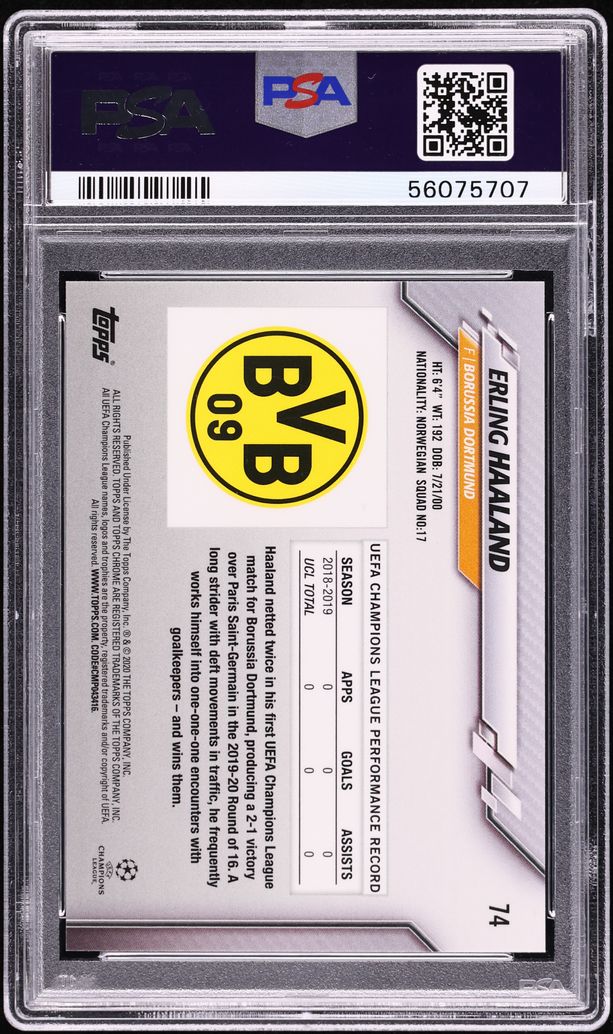 2019 Topps Chrome UEFA Sapphire Erling Haaland ROOKIE #74 PSA 9