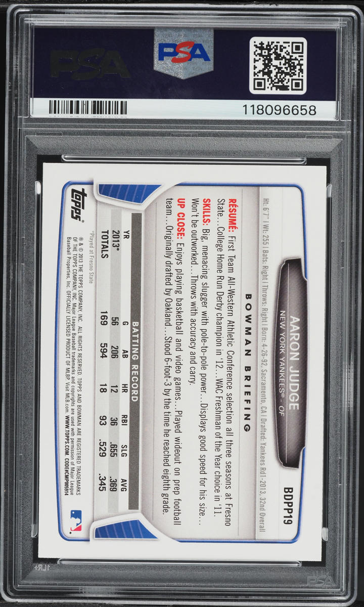2013 Bowman Draft Picks Aaron Judge PROSPECT #BDPP19 PSA 10 GEM MINT