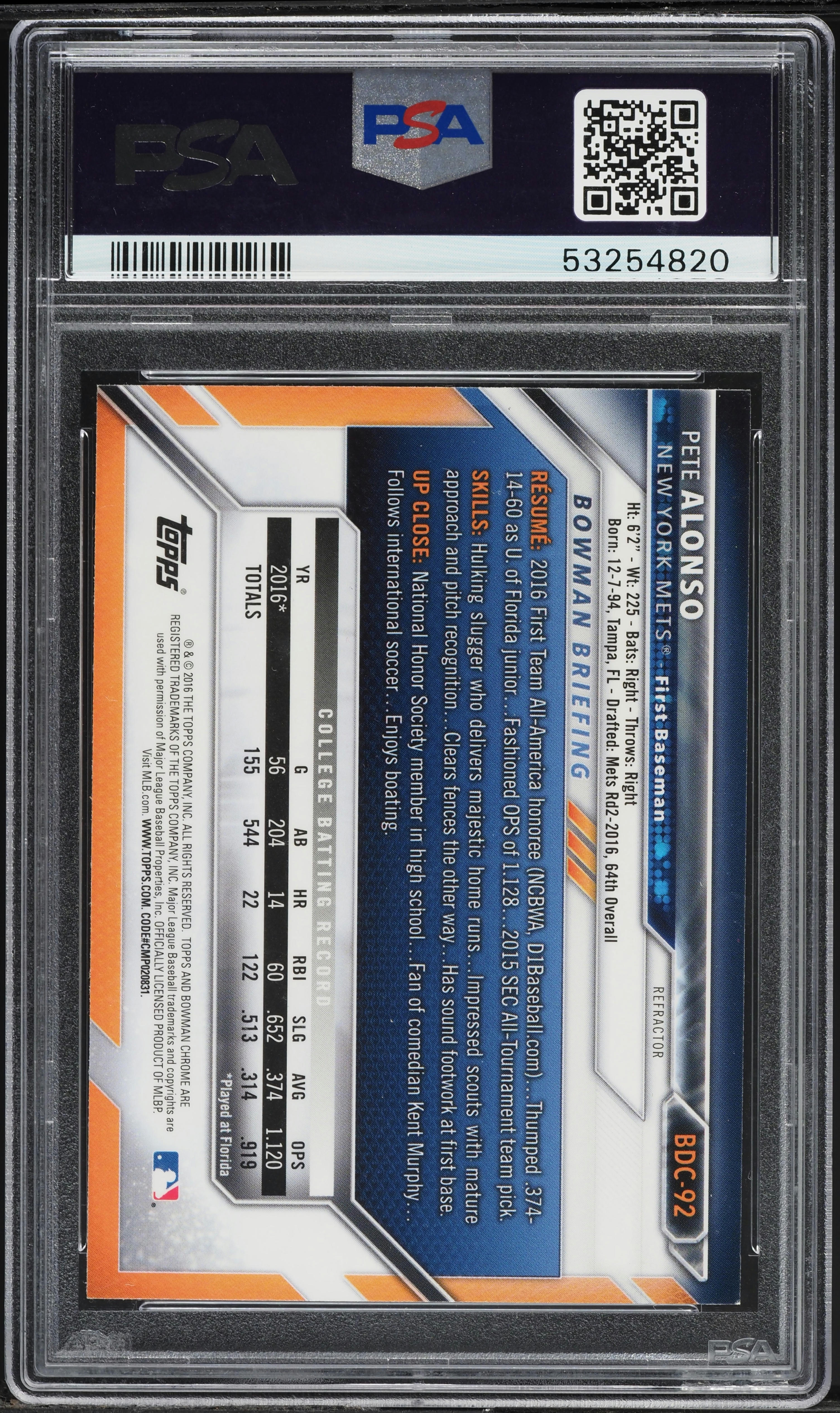 2016 Bowman Chrome Refractor Pete Alonso PROSPECT #BDC92 PSA 9