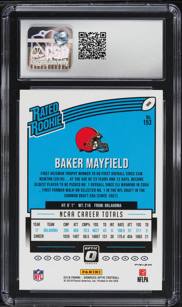 2018 Donruss Optic Green Velocity Baker Mayfield ROOKIE #153 CSG 9.5 MINT+