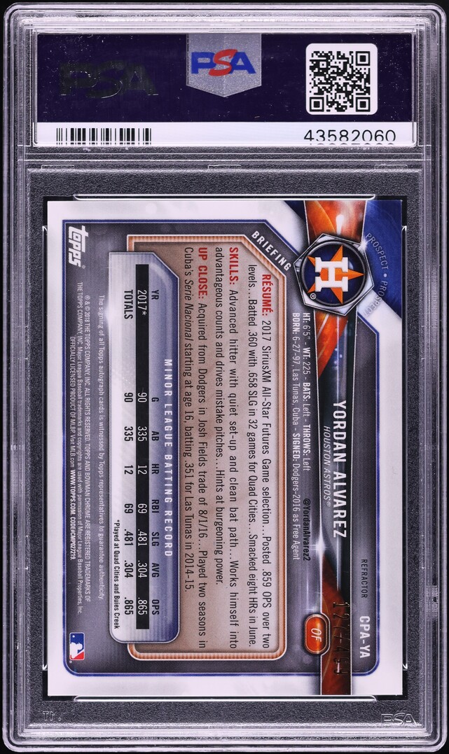 2018 Bowman Chrome Refractor Yordan Alvarez PROSPECT AUTO /499 PSA