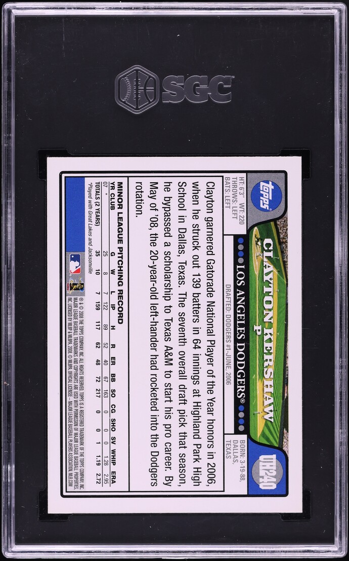 2008 Topps Update Clayton Kershaw ROOKIE #UH240 SGC 9.5 MINT+