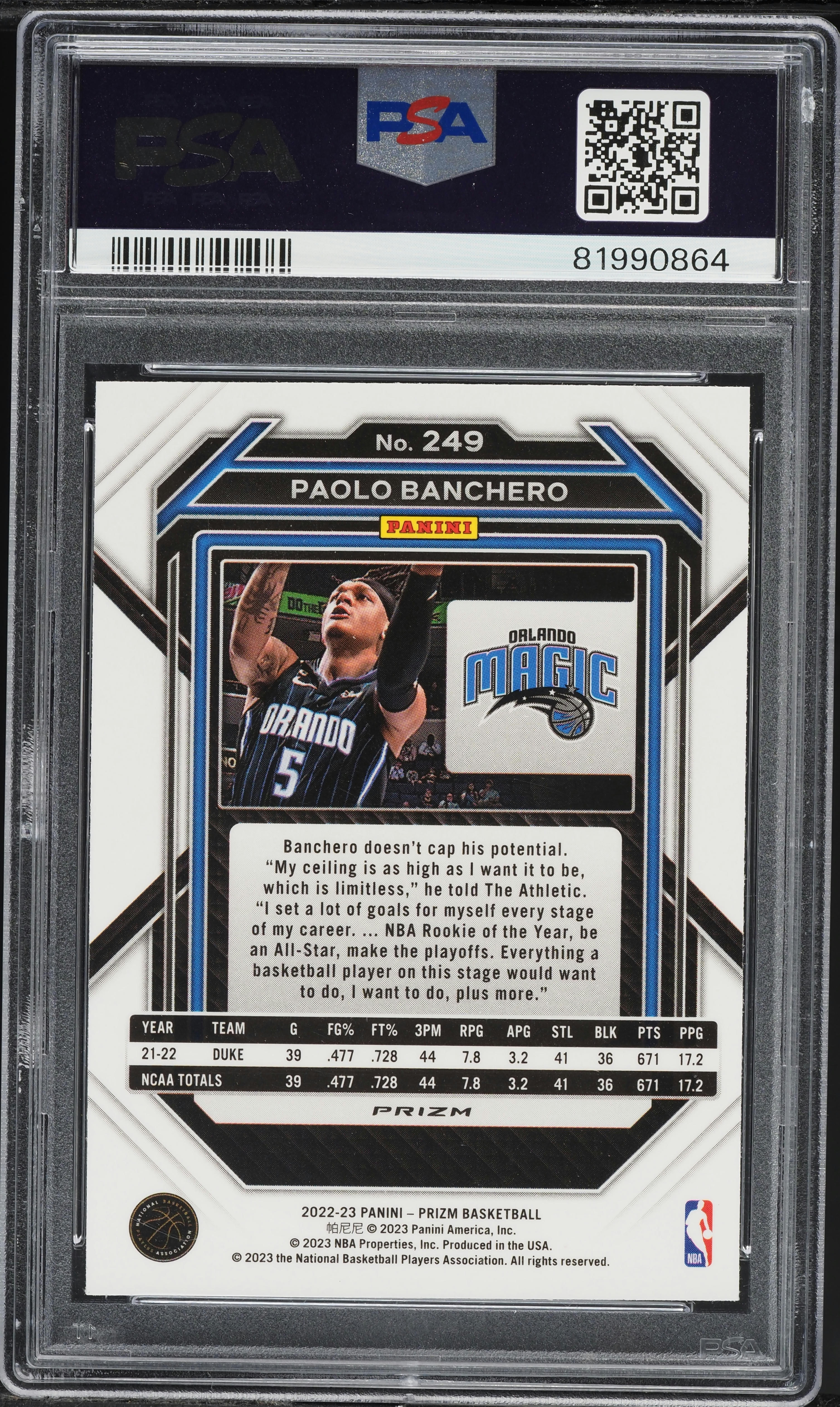 2022 Panini Prizm Red Ice Paolo Banchero ROOKIE #249 PSA 10 GEM