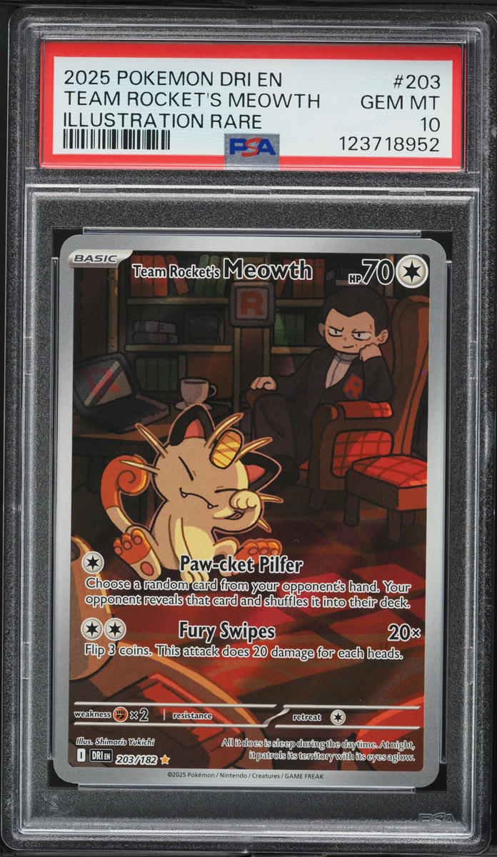 2025 Pokemon SV Destined Rivals IR Team Rocket's Meowth #203 PSA 10 GEM MINT