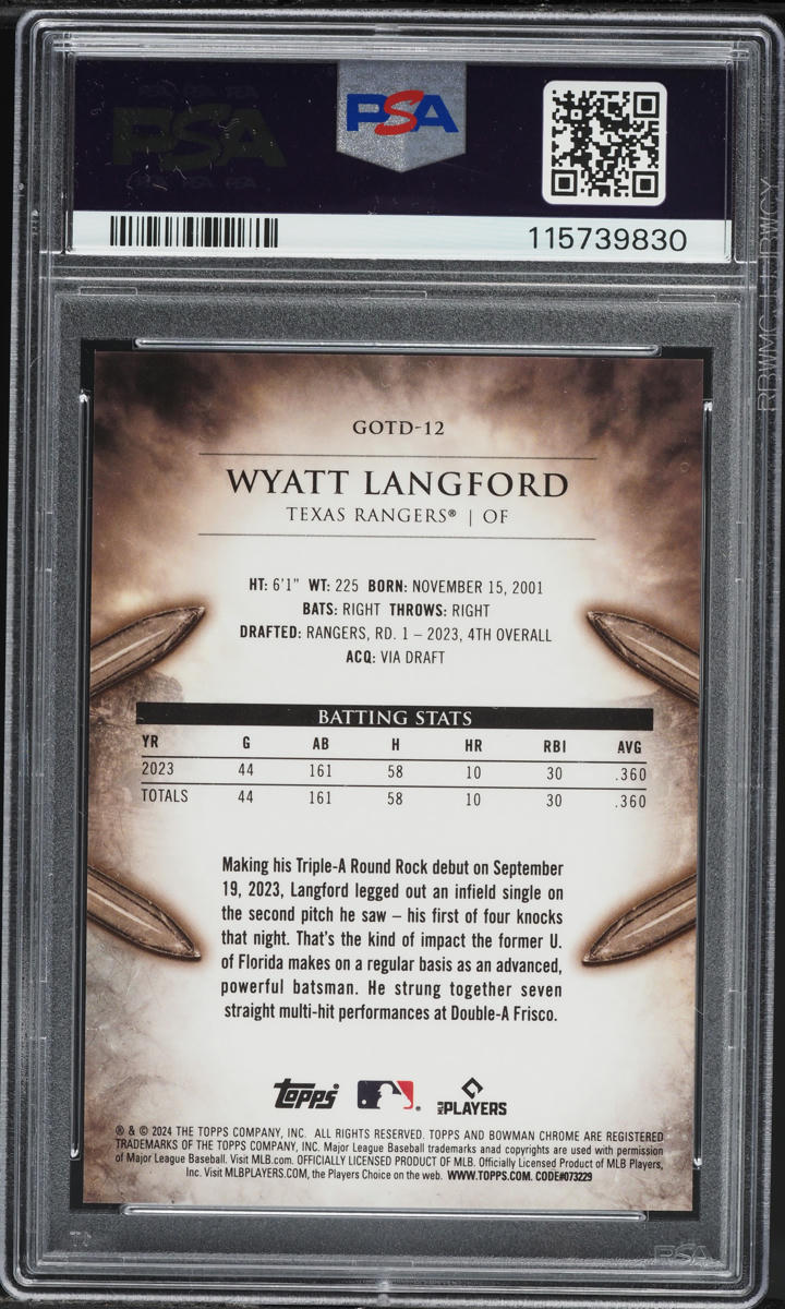 2024 Bowman Gladiators Mini Diamond Wyatt Langford PROSPECT /150 PSA 10 GEM MINT