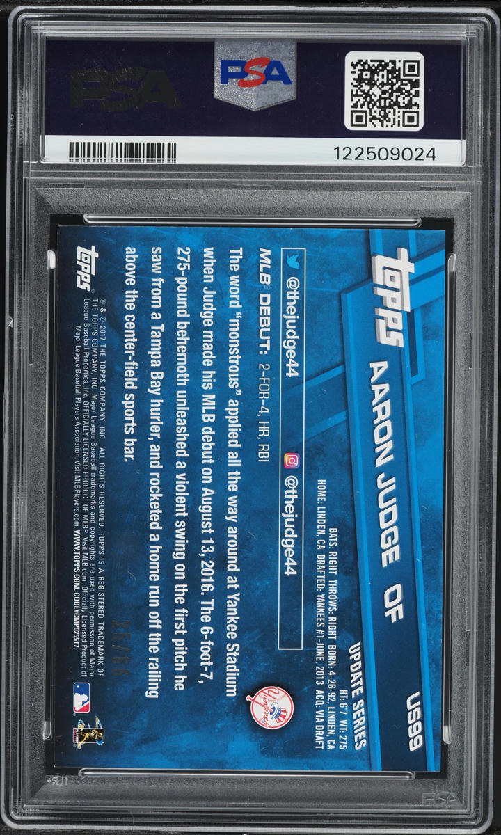 2017 Topps Update Debut Black Aaron Judge ROOKIE /66 #US99 PSA 7 NRMT