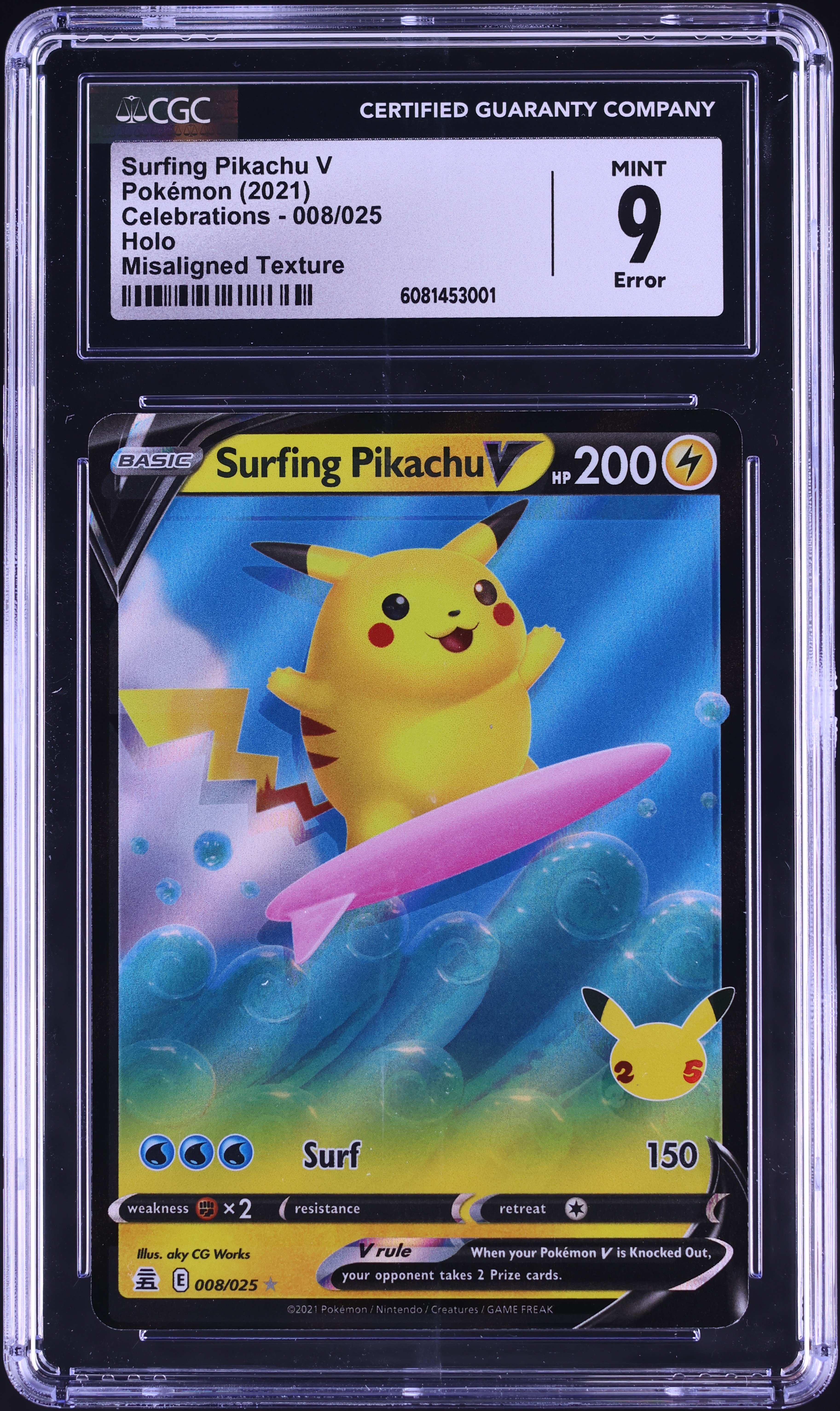 2021 Pokemon SWSH Celebrations Holo Error Surfing Pikachu V #8 CGC