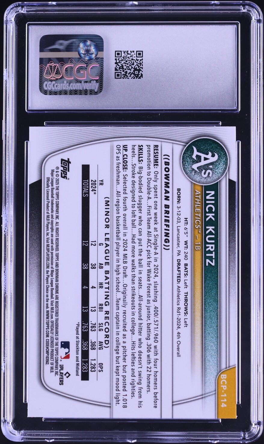 2025 Bowman Chrome Mega Box Nick Kurtz PROSPECT #BCP-114 CGC 8 NM-MT
