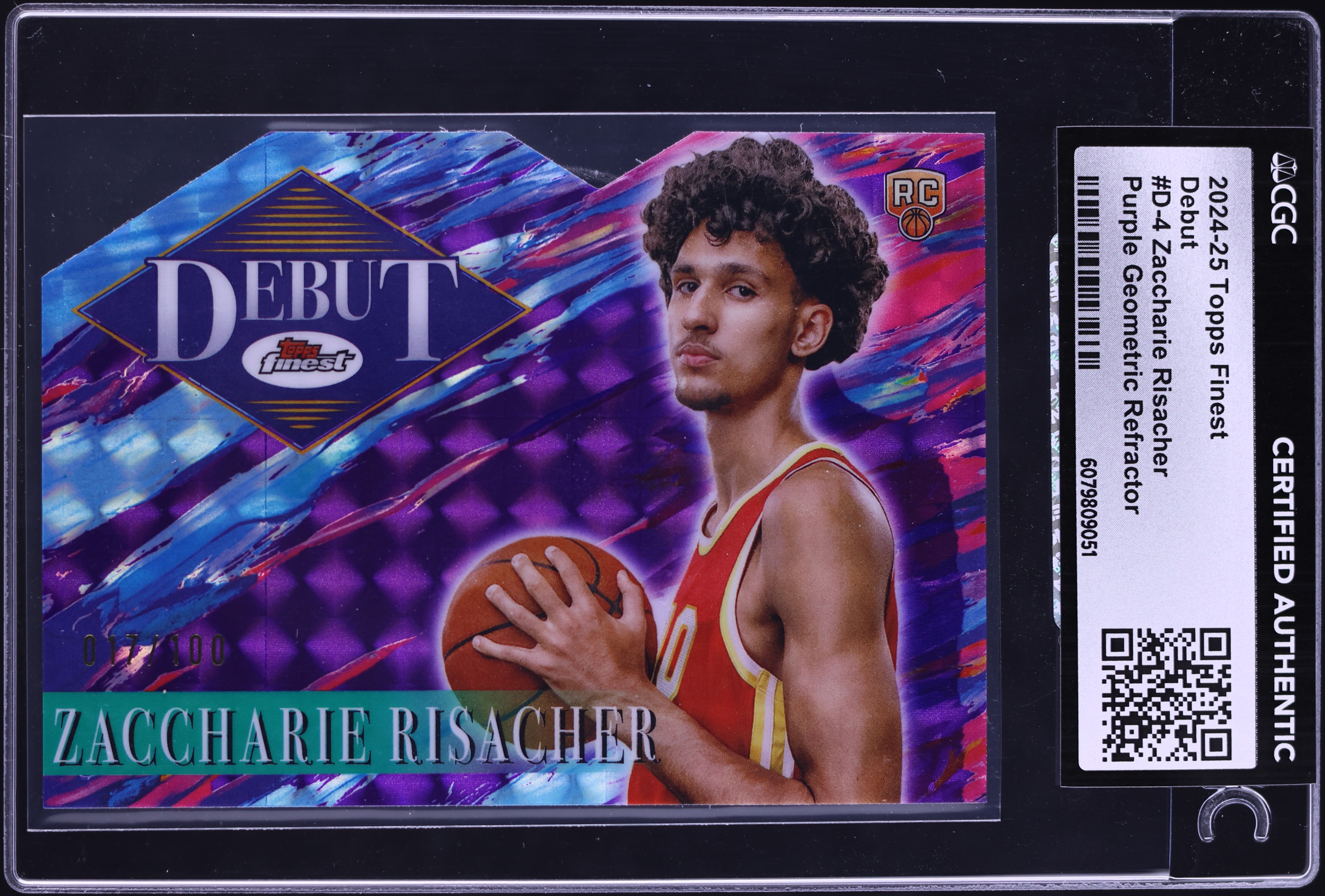 2024 Topps Finest Basketball Purple Geometric Refractor Zaccharie Risacher #D-4 CGC AUTH