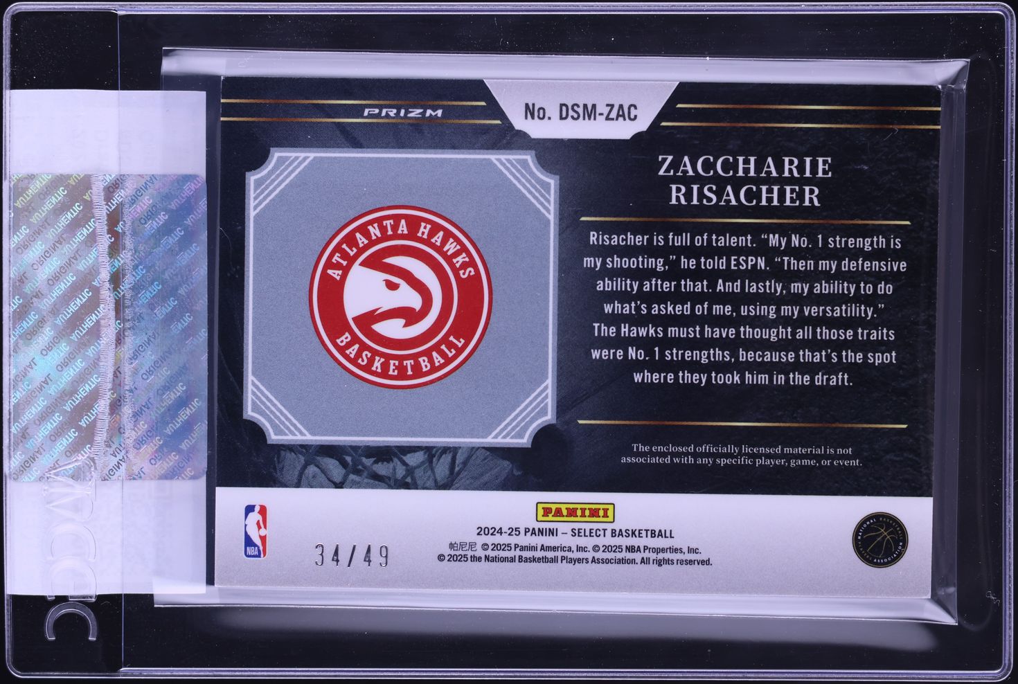 2024 Select Draft Selections Copper Zaccharie Risacher ROOKIE