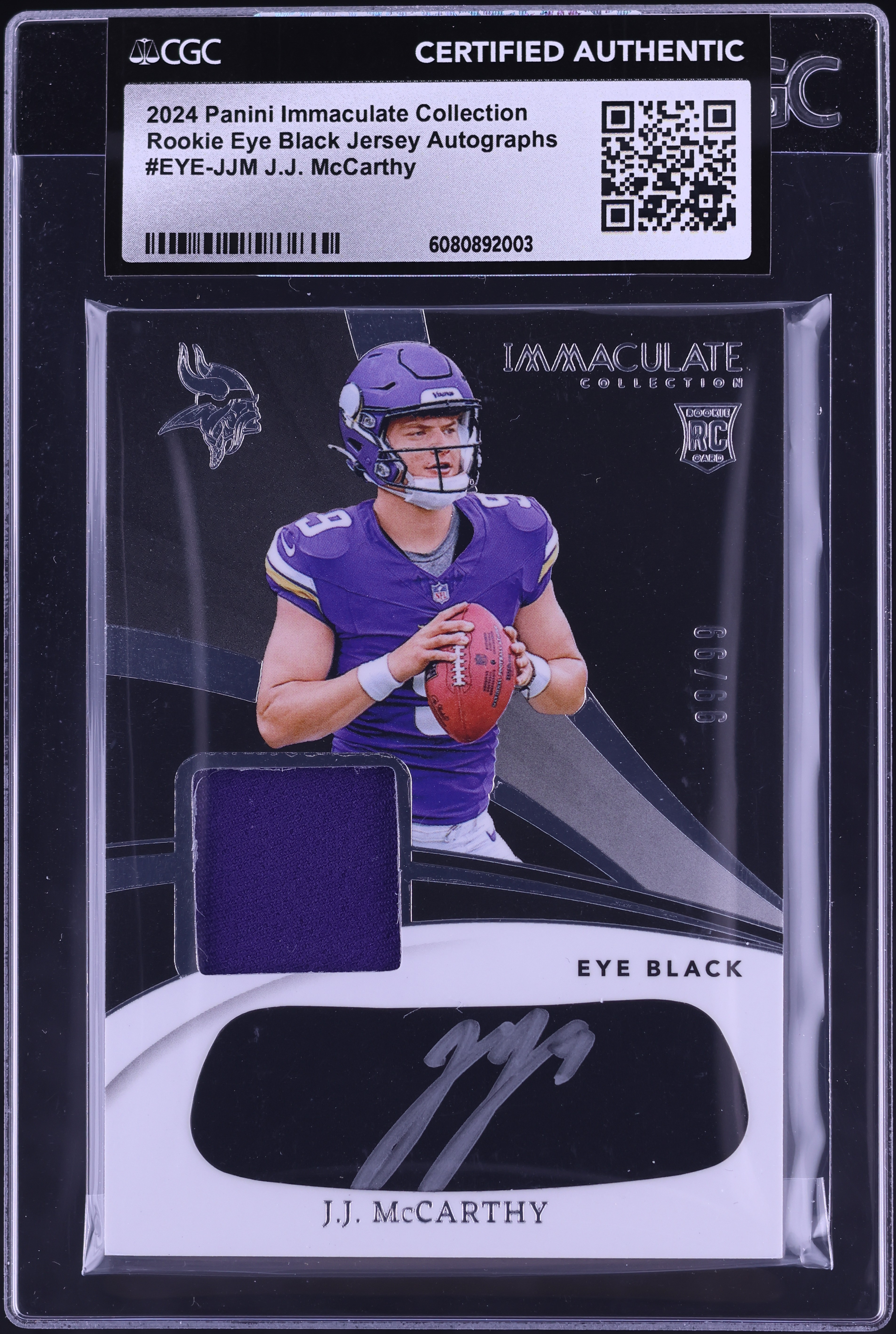 2024 Immaculate Collection Eye Black J.J. McCarthy RC PATCH AUTO