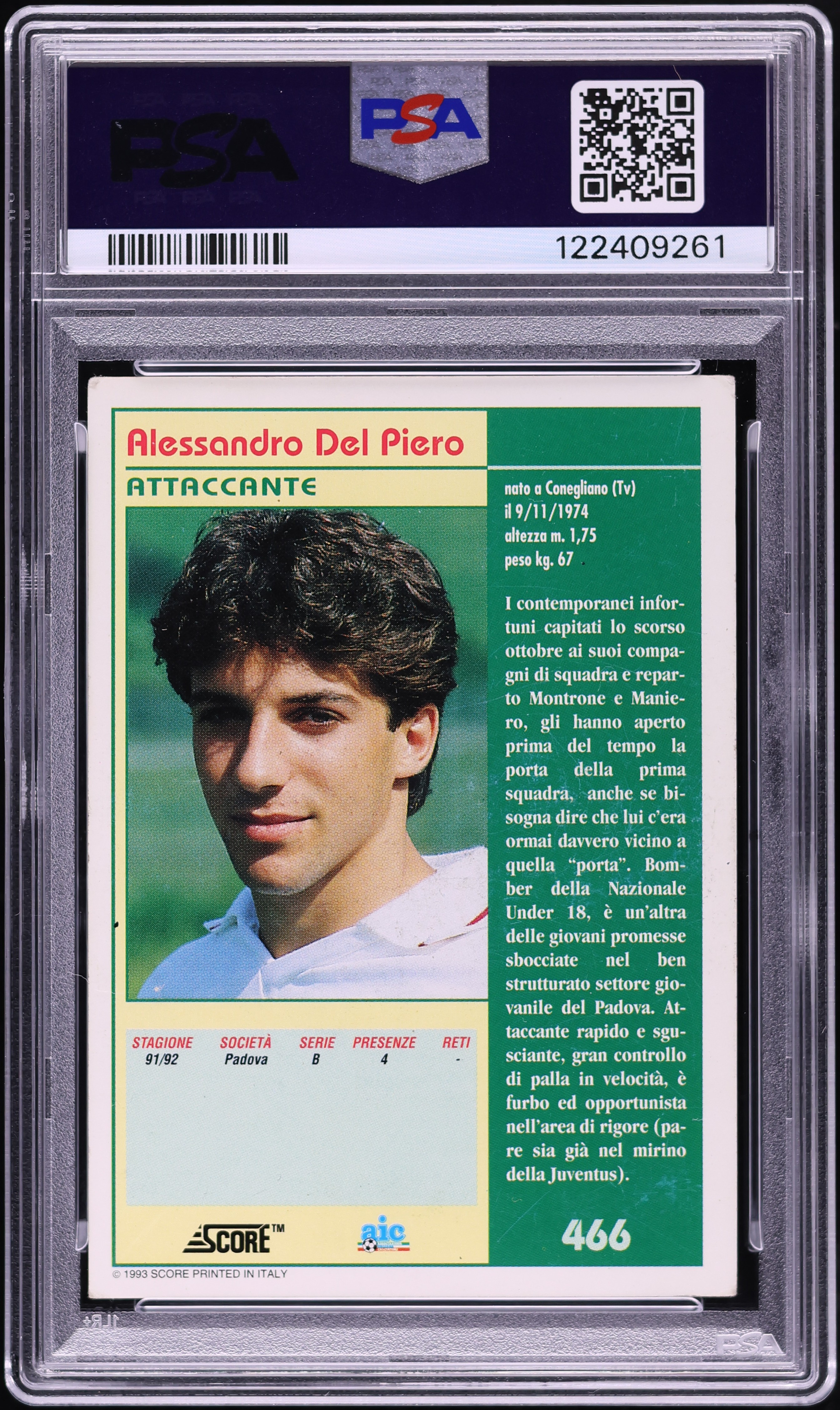 1993 Score Italian League Alessandro Del Piero ROOKIE #466 PSA 4