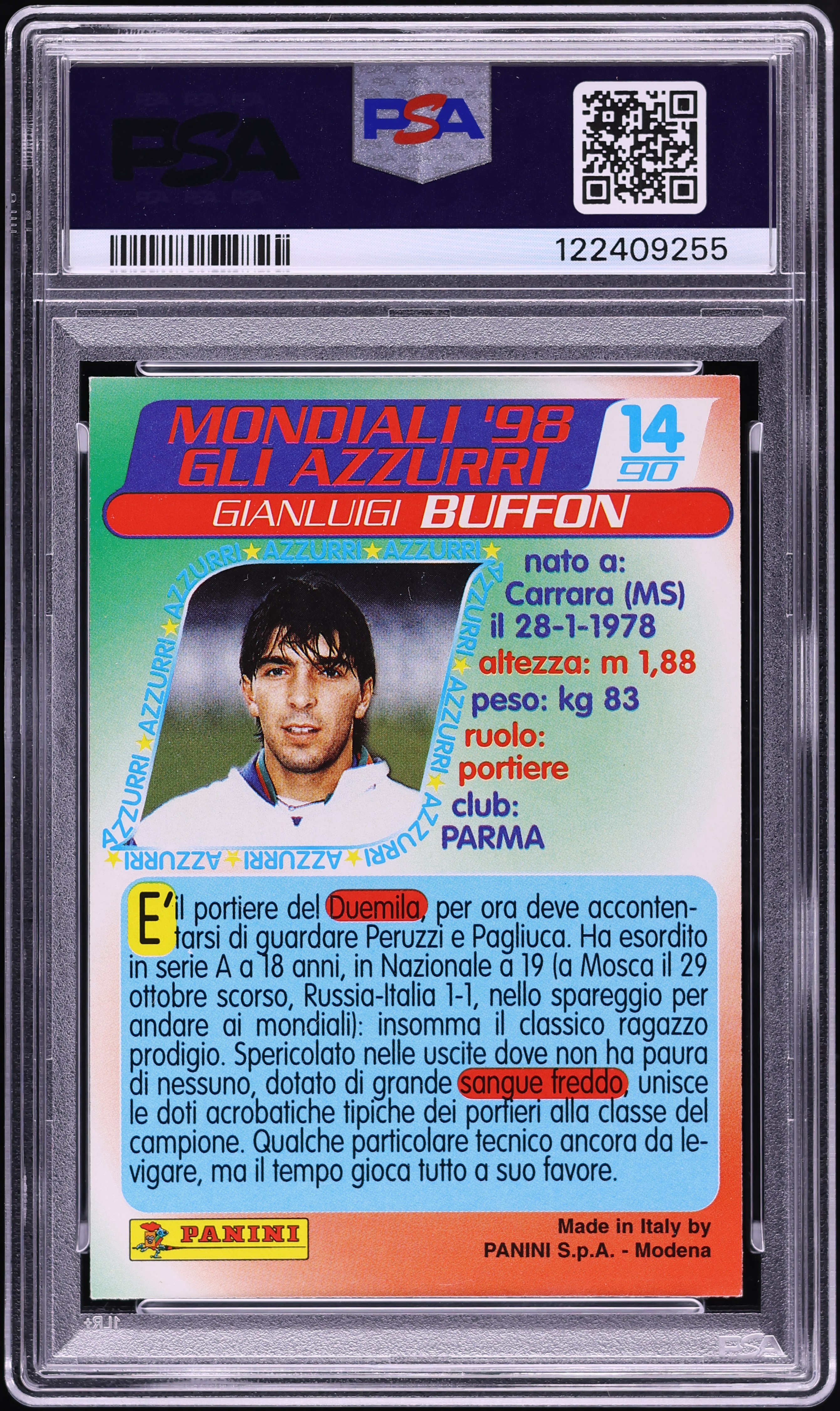 1998 Panini Azzurri Ai Mondiali Gianluigi Buffon #14 PSA 6 EXMT on