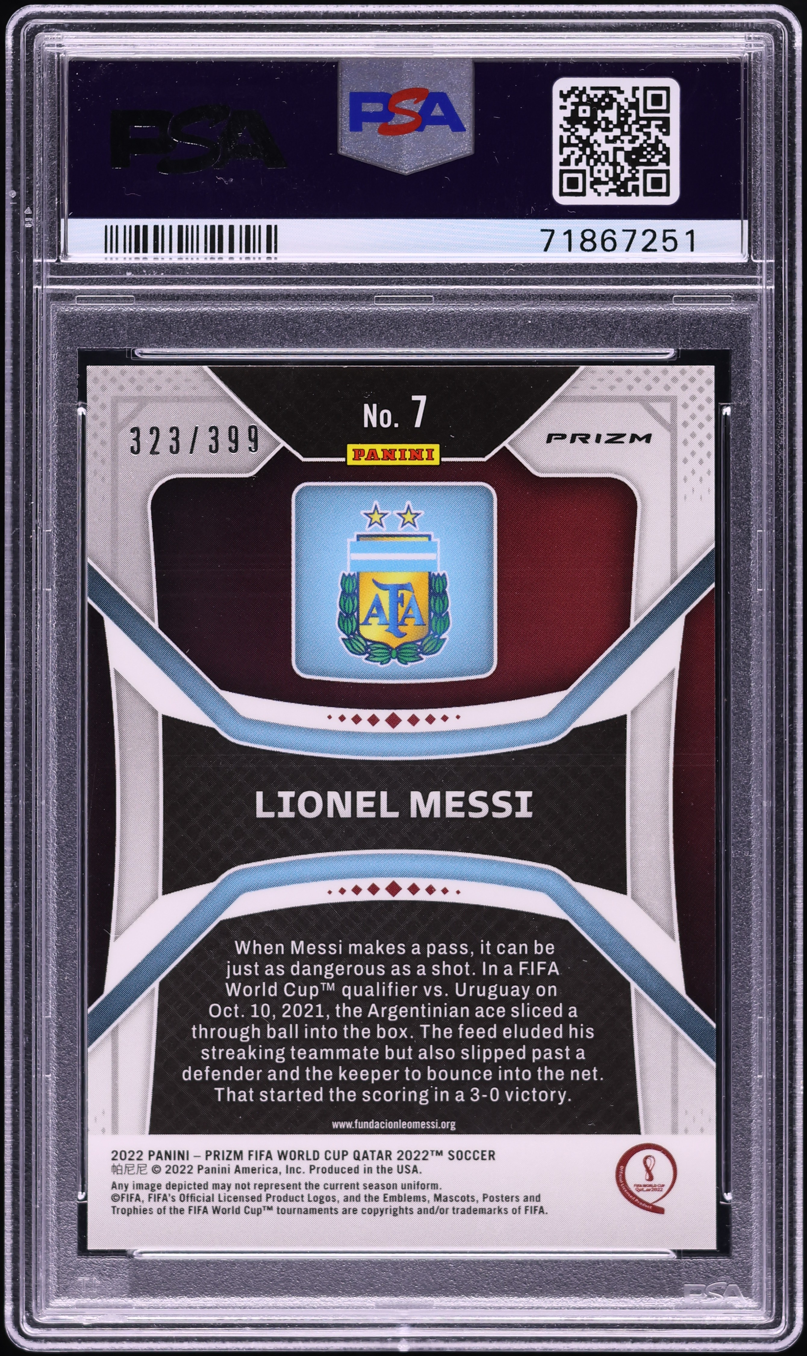2022 Panini Prizm World Cup Qatar Red Lionel Messi /399 #7 PSA 9