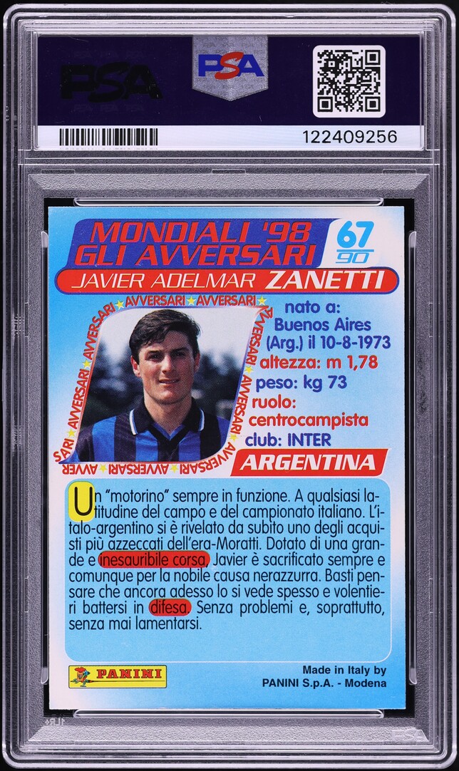 1998 Panini Azzurri Ai Mondiali Javier Zanetti #67 PSA 5 EX