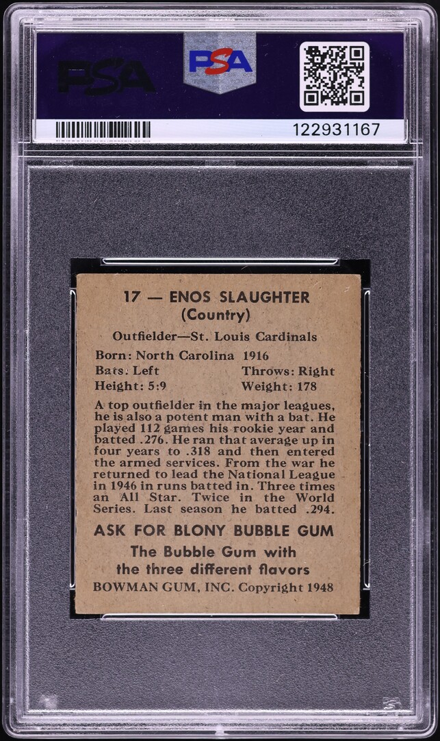1948 Bowman Enos Slaughter ROOKIE AUTO DNA 7 #17 PSA 7 NRMT