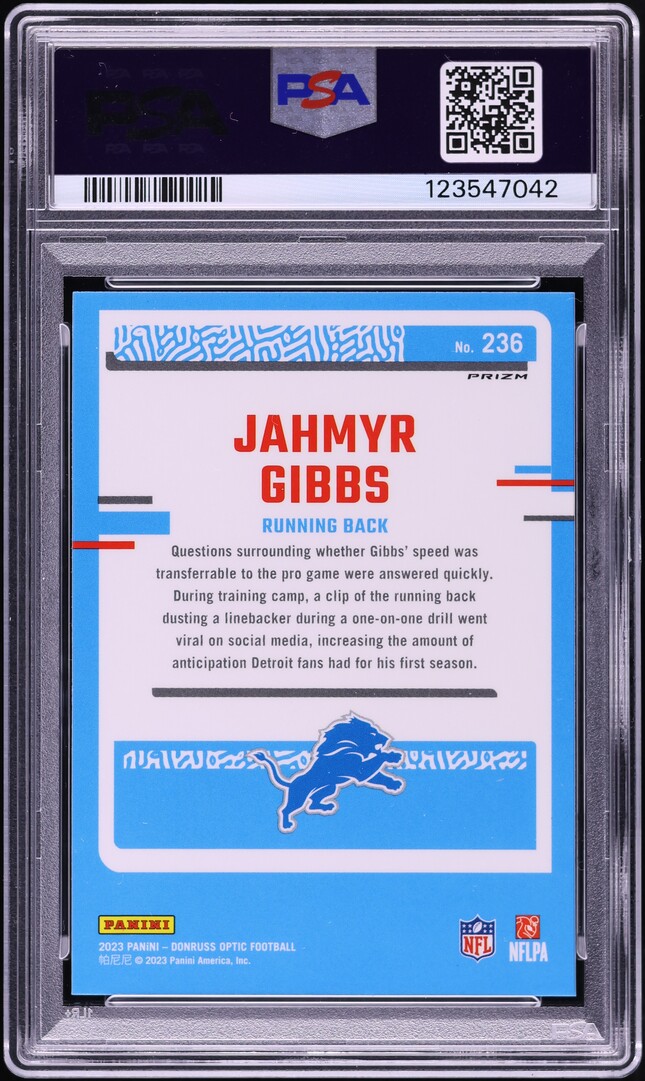 2023 Donruss Optic Holo Jahmyr Gibbs ROOKIE #236 PSA 8 NM-MT