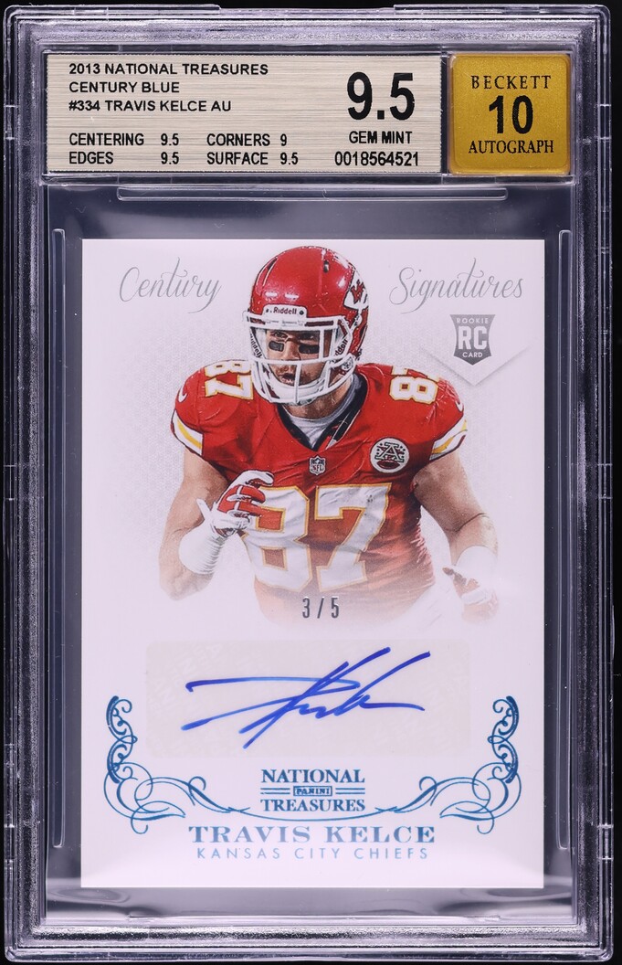 2013 National Treasures Century Blue Travis Kelce ROOKIE AUTO /5 #334 BGS 9.5